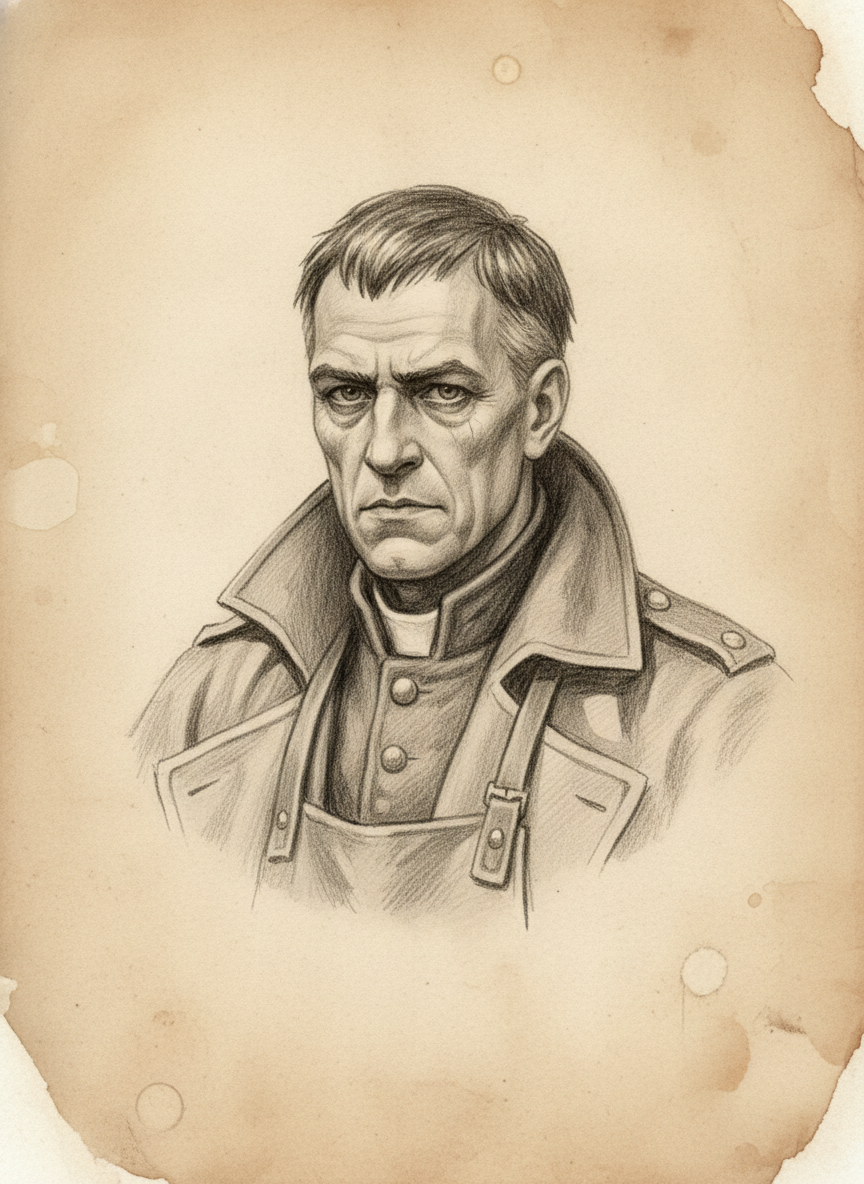 Black and white pencil dossier portrait of Saint Uriel, shown head and shoulders on vellum.