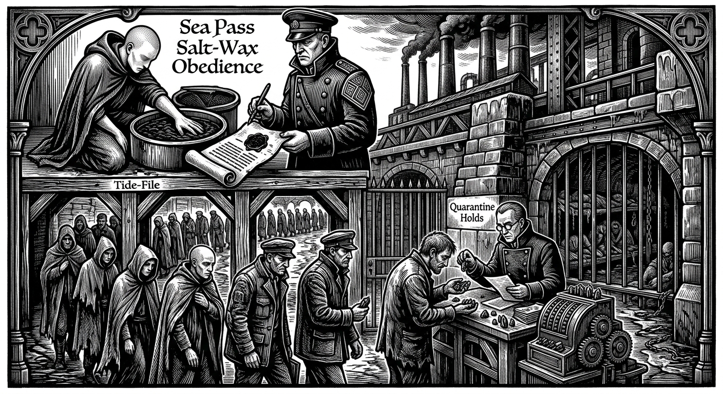 Salt Tribunal — On the Sea Pass and the Tide-File, rendered as woodcut.