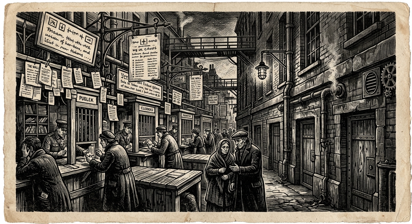 Salt Tribunal Row — On the Public Face and the Hidden Doors, rendered as woodcut.