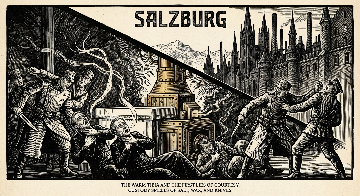 Salzburg — On the Warm Tibia and the First Lies of Courtesy, rendered as woodcut.