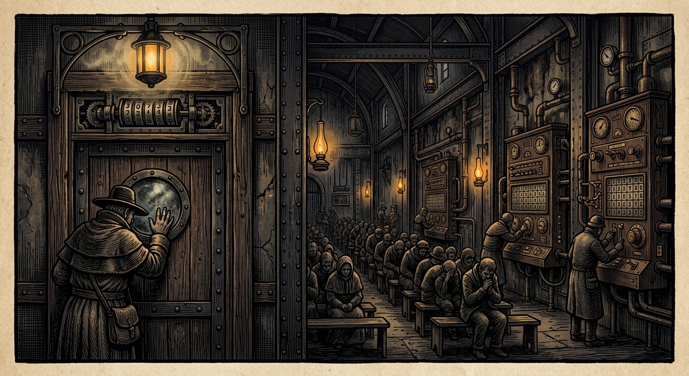 Sermon Compliance Chapel — On the Door, the Nave, and the Boards, rendered as woodcut.