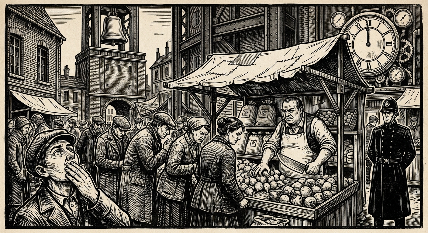 Sext — On Markets, Turnips, and the Grocer's Little Kingdom, rendered as woodcut.