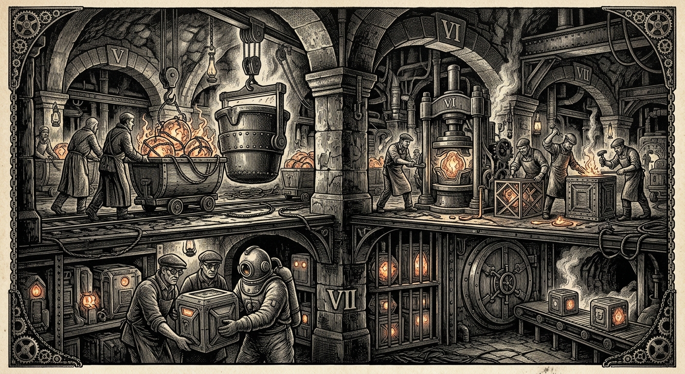 Shackled Flame Workshops — On Levels Five Through Seven, rendered as woodcut.