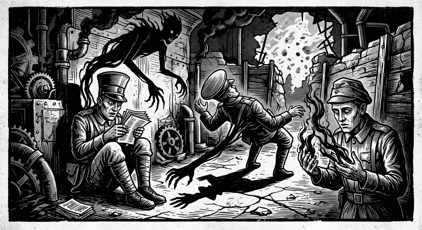 Shadow Noon — On Theories, Each Damned in Its Own Hat, rendered as woodcut.