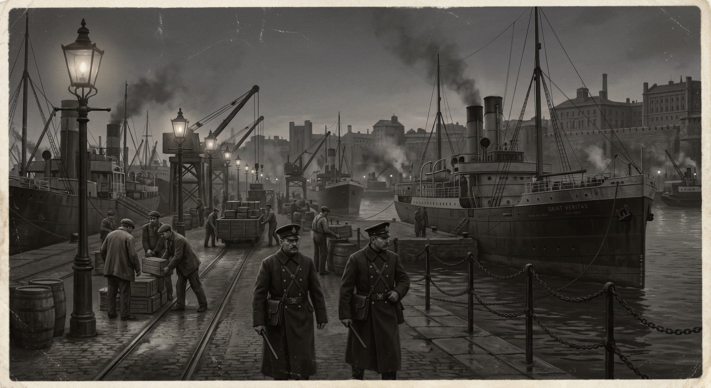 Silence of Harbor Lamps — On the Harbor Before the Lamps Failed, rendered as photograph.
