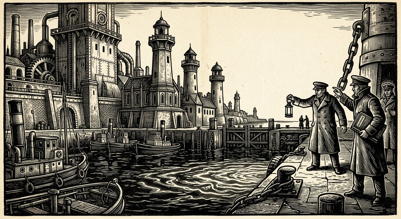 Silence of Harbor Lamps — On the Extinguishing, rendered as woodcut.