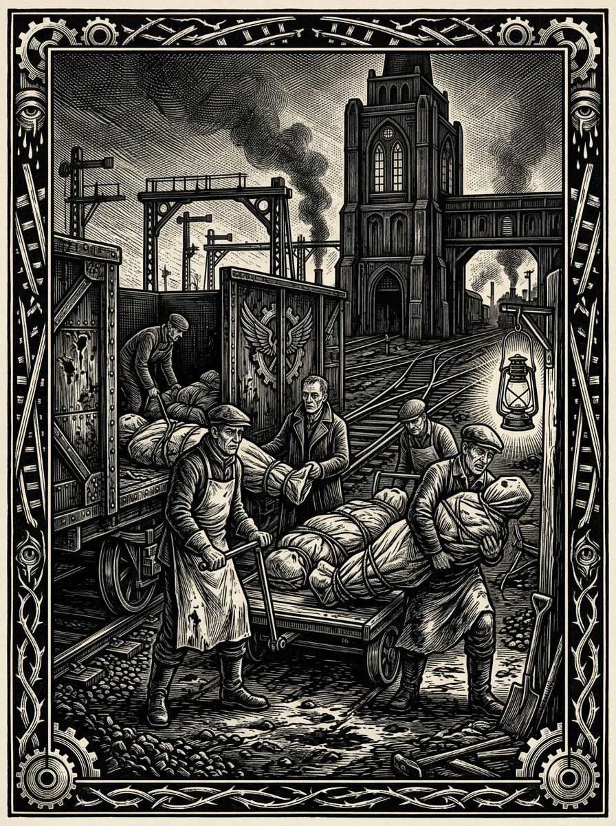 The Silent Derailment — On the Night Crew, rendered as woodcut.