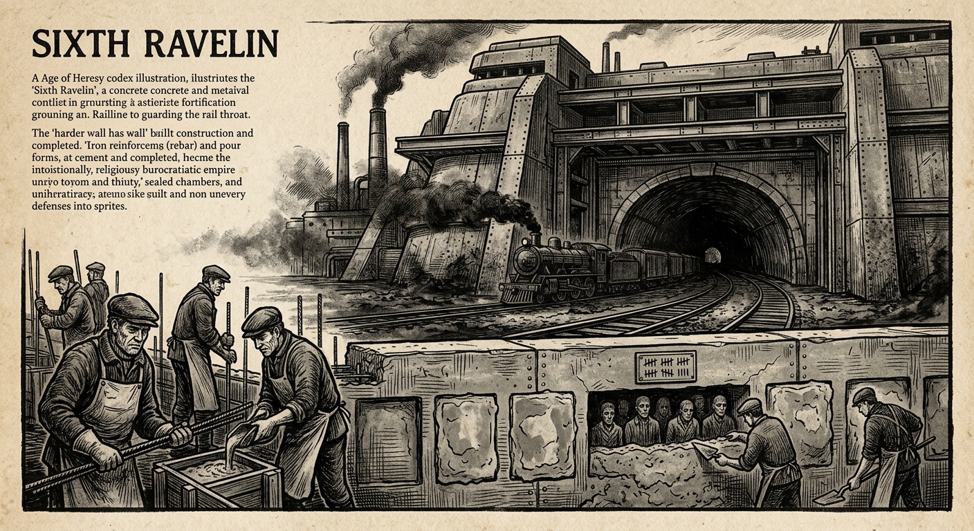 Sixth Ravelin — On Ash, Rail, and the Making of a Harder Wall, rendered as woodcut.