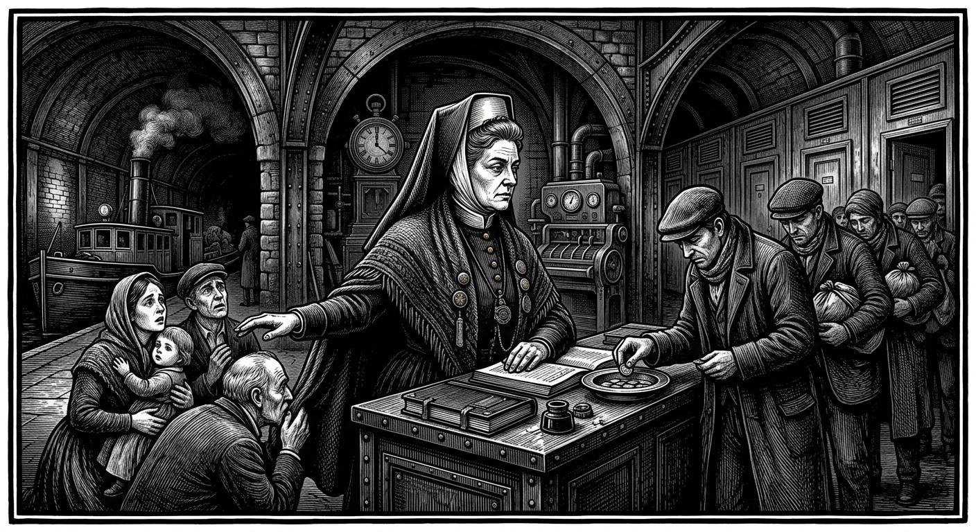 Skiff-Sister Lune — On Her Debts and Her Mercy, rendered as woodcut.
