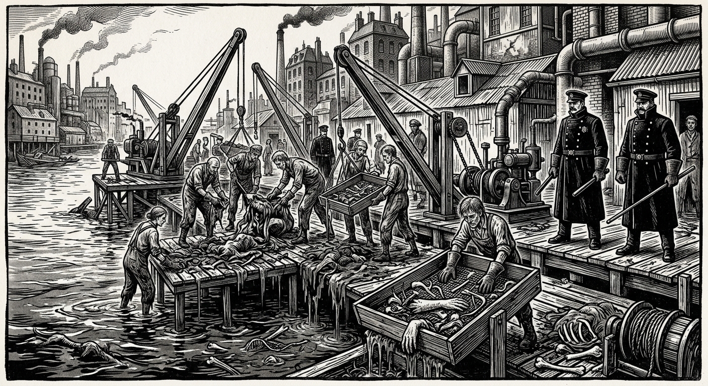 Sluice Yards — On Dredge Crews and Penal Labour, rendered as woodcut.