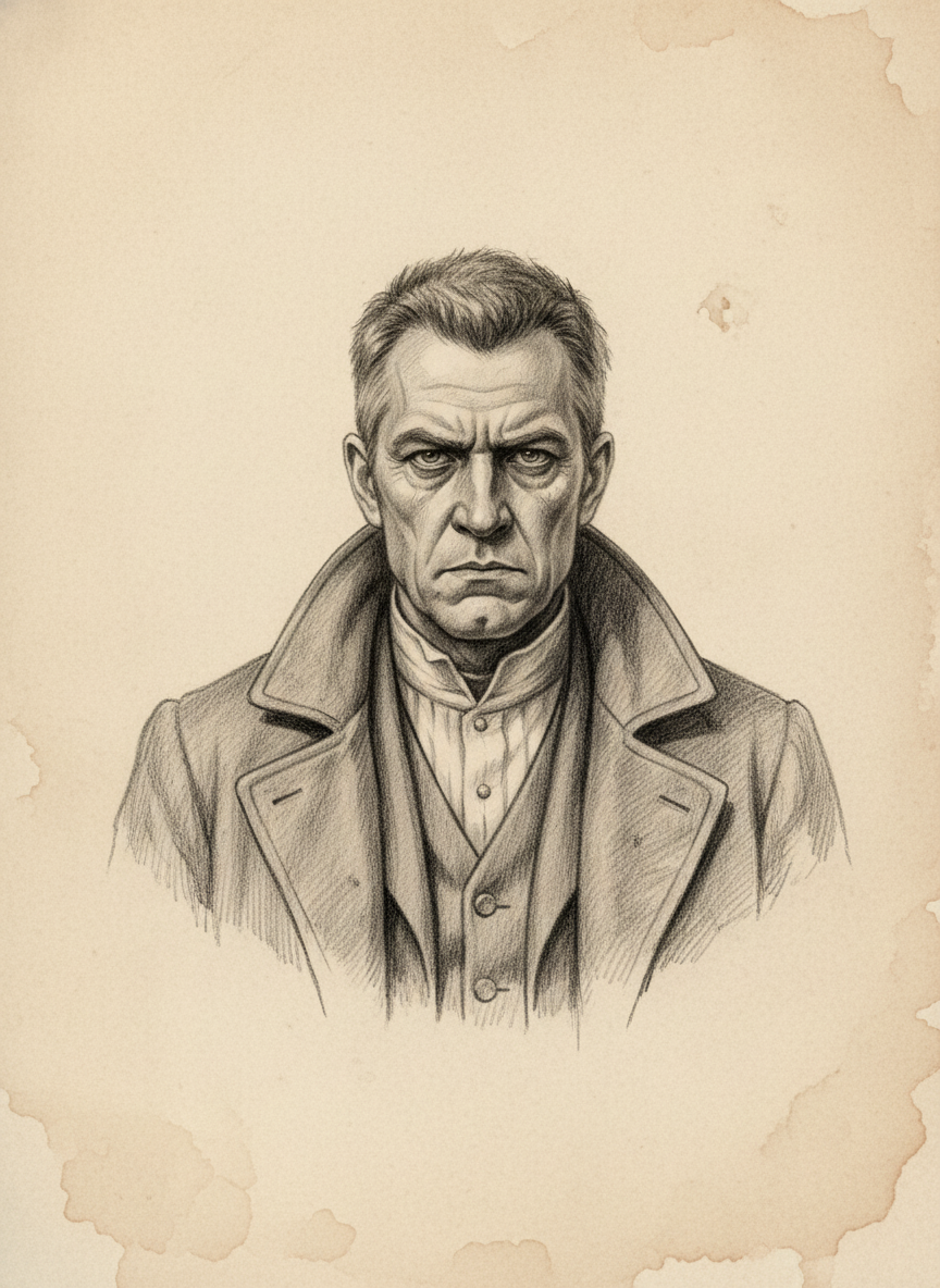 Black and white pencil dossier portrait of Canon-Inquisitor Silex Marrow, shown head and shoulders on vellum.