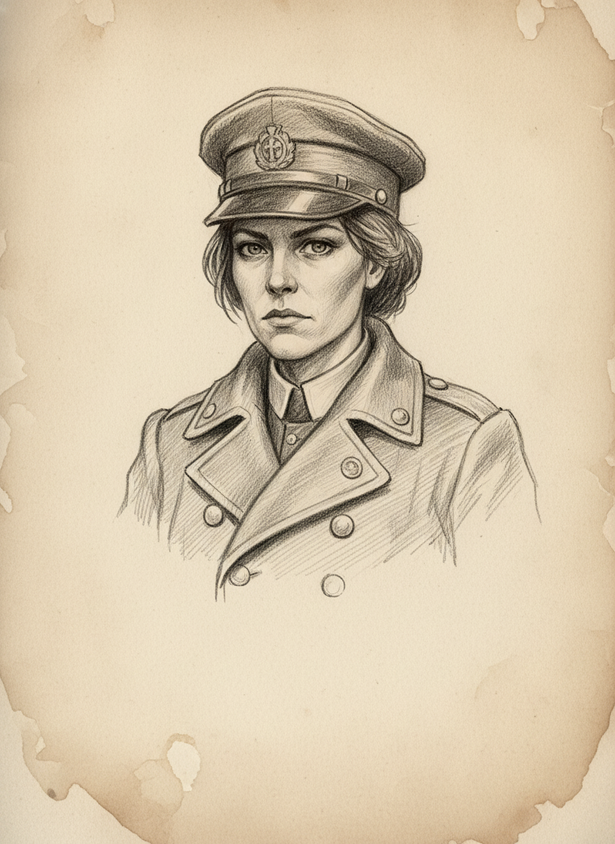 Black and white pencil dossier portrait of Skiff-Sister Lune, shown head and shoulders on vellum.