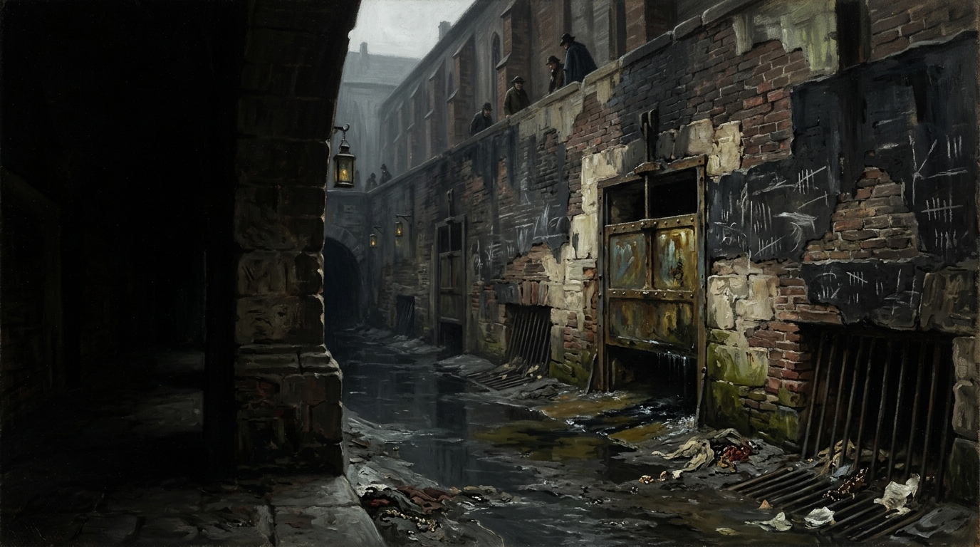 Oil painting of the Ash Canal below the Cloister of Miscounted Beads, a black runoff channel with brick walls, sluice hatches, beads, fever cloth, watch marks, and Strasbourg's grim boundary water.
