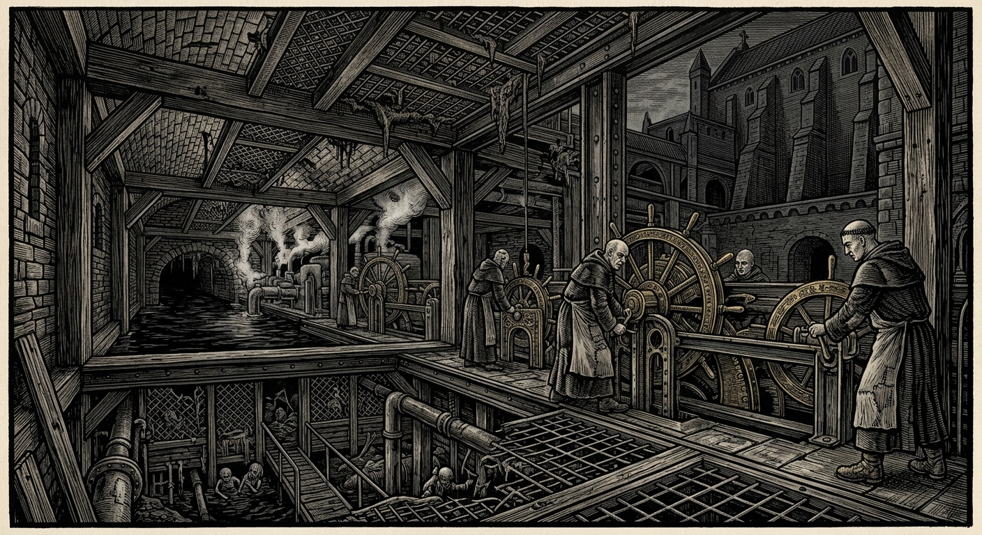 Still-Canals of Brast — On Locks, Mesh, and the Monastery Below, rendered as woodcut.