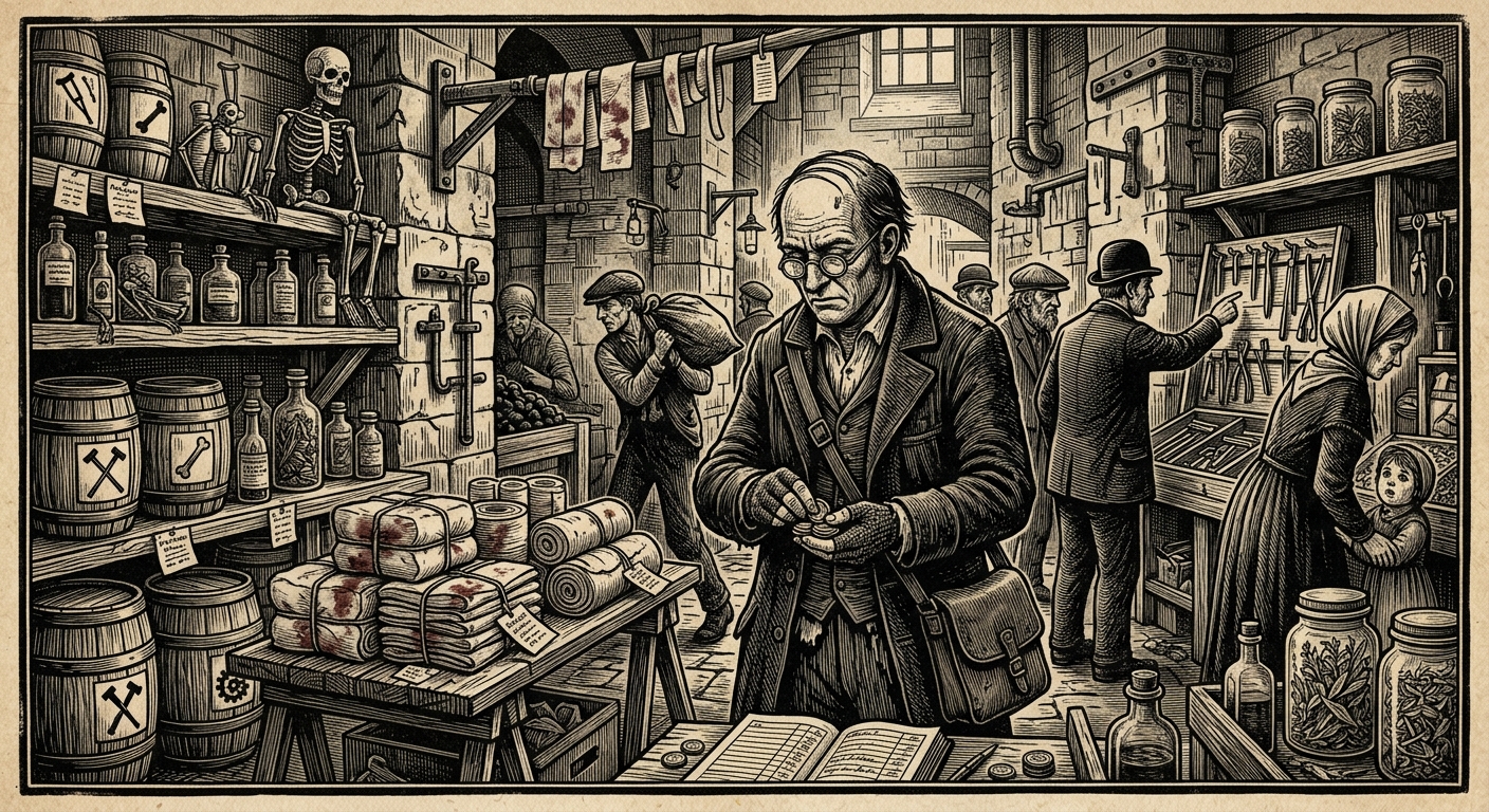 Stitchmarket — On Its Goods and Prices, rendered as woodcut.
