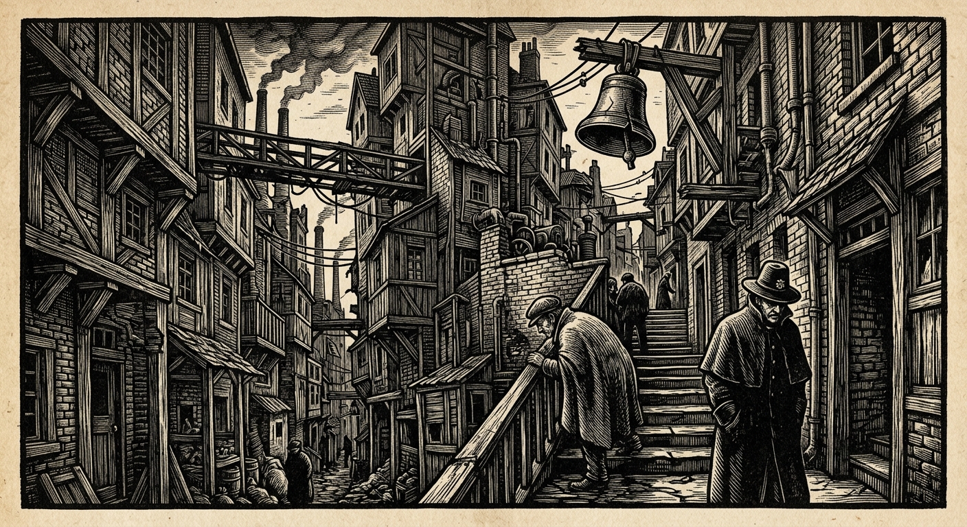 Warrens of Strasbourg — On Streets, Rooms, and Vertical Hunger, rendered as woodcut.