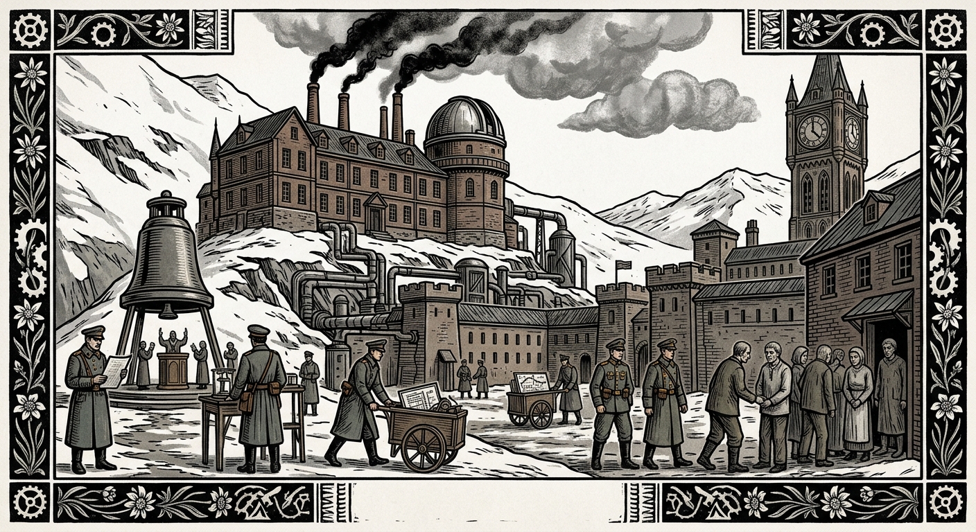 Swiss Cantons — On the Rationalist Schools and the First Contamination of Clean Air, rendered as woodcut.