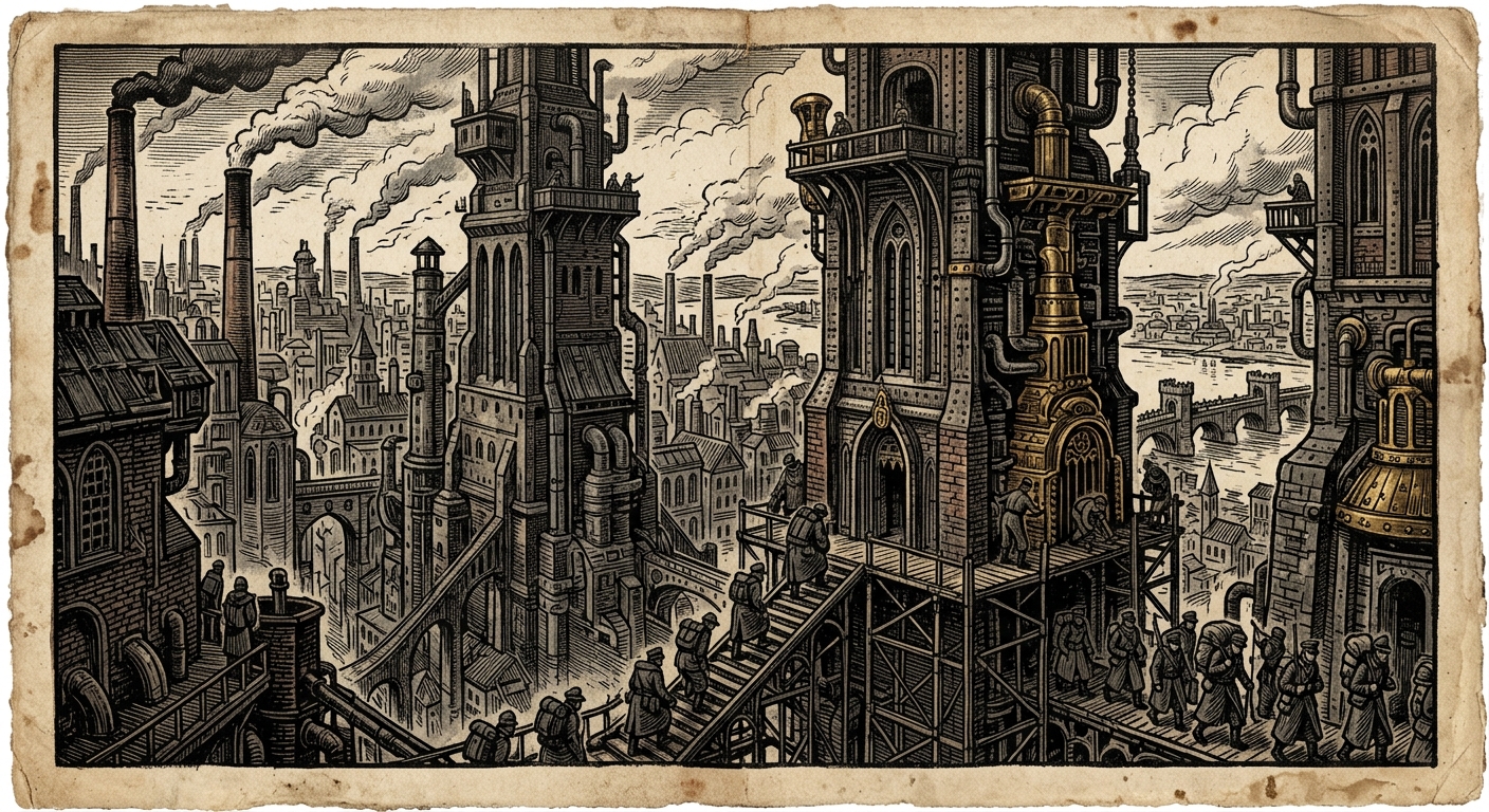 Szeged — On the Reliquary Pylons, rendered as woodcut.