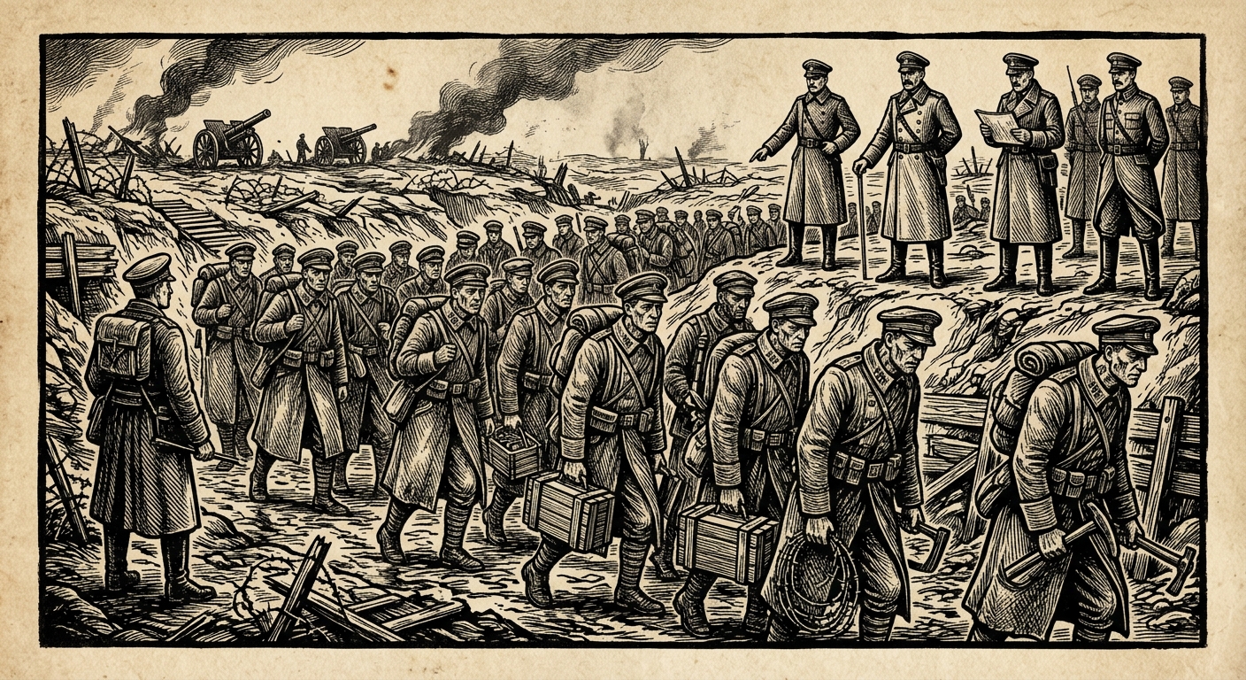 Thralls — On Use in War, rendered as woodcut.