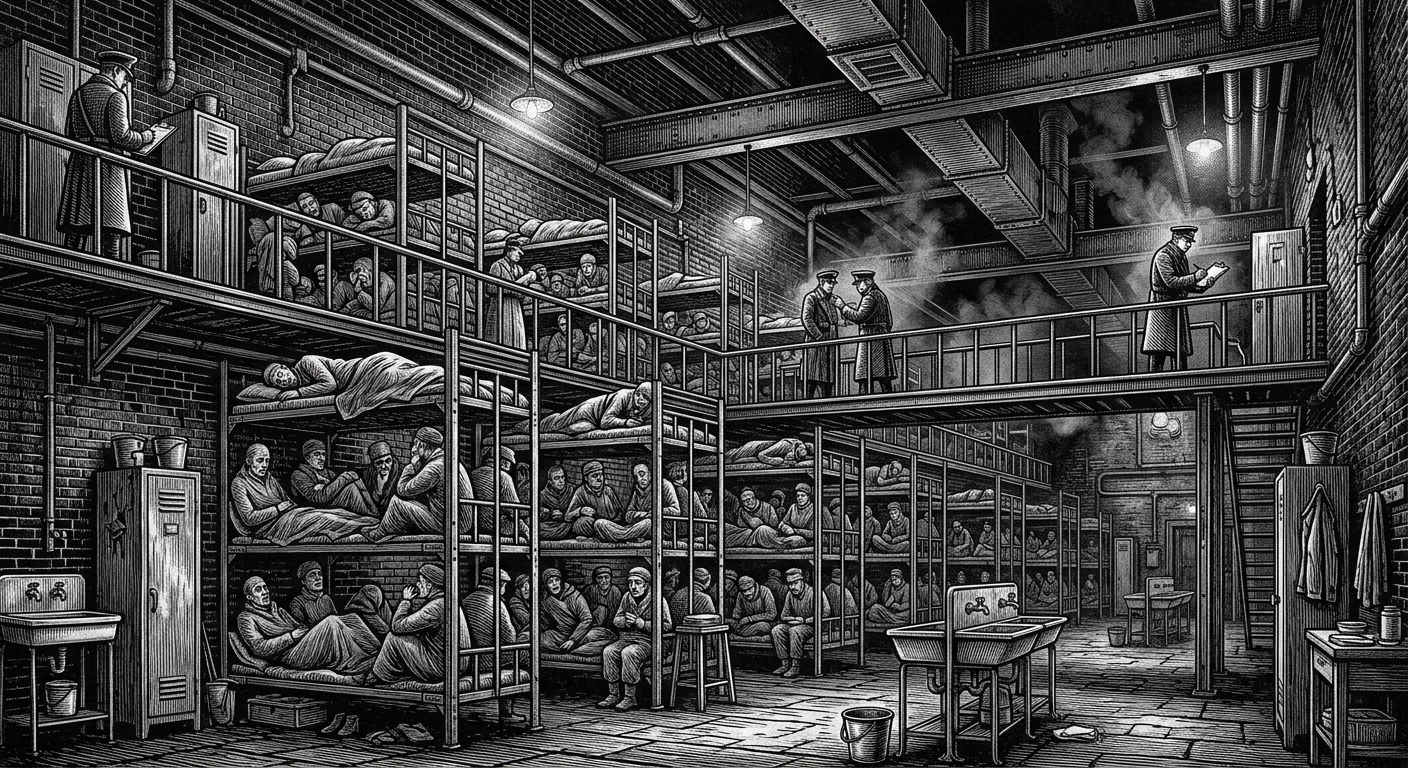 Throat Dorms — On the Rooms, Racks, and Lesser Miseries, rendered as woodcut.