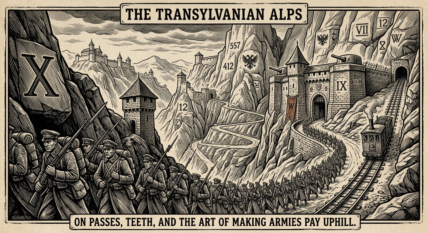 Transylvanian Alps — On Passes, Teeth, and the Art of Making Armies Pay Uphill, rendered as woodcut.