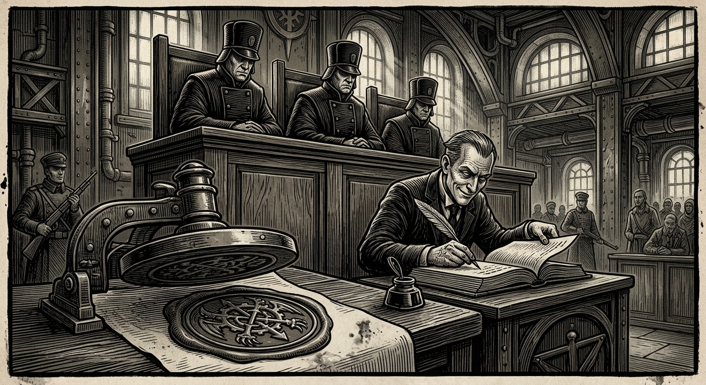 Tribunals of Doctrine — On the Bench, the Reader, and the Seal, rendered as woodcut.