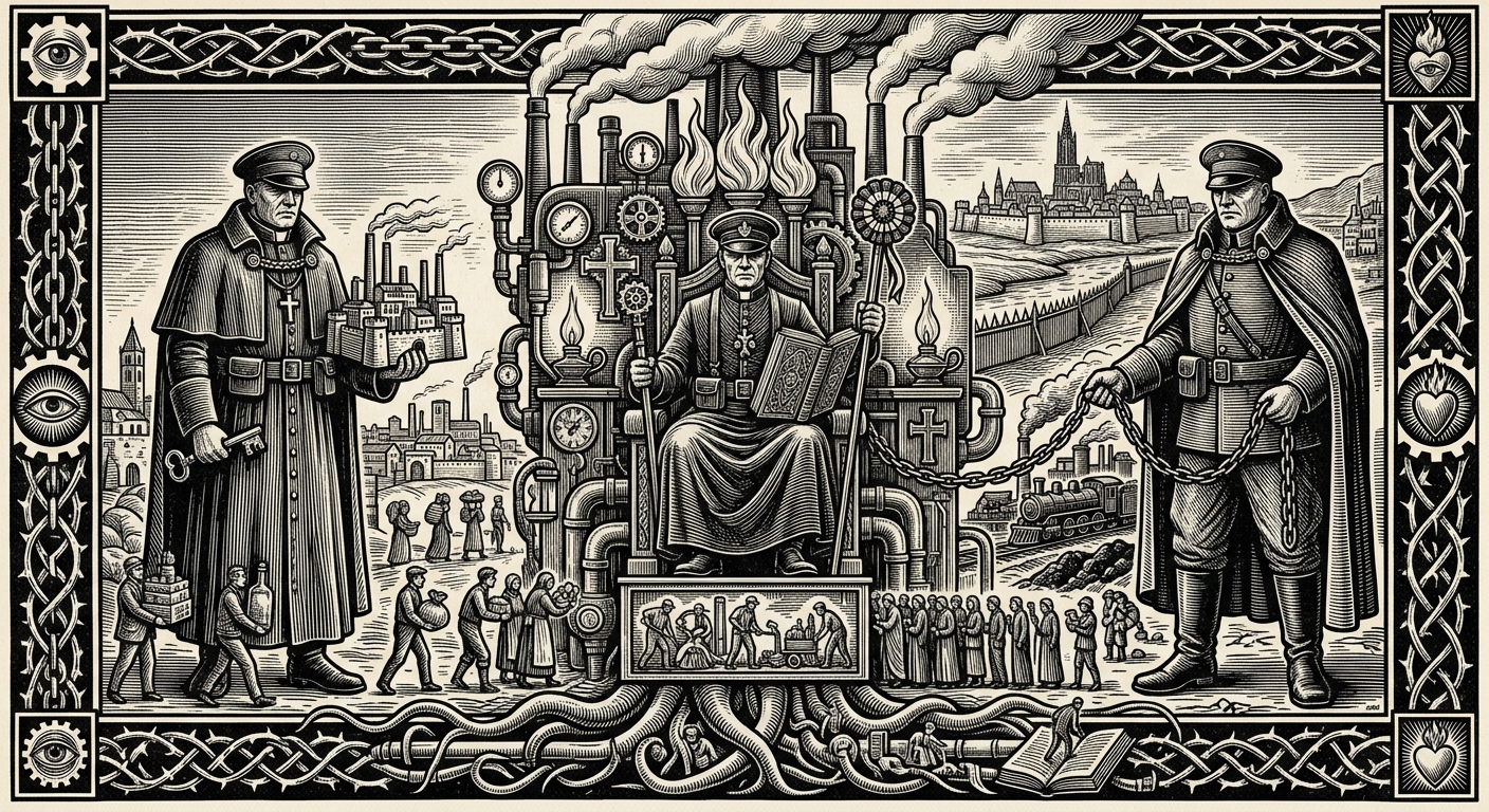Triune Hearth — On France, Which Became Too Useful to Abolish, rendered as woodcut.