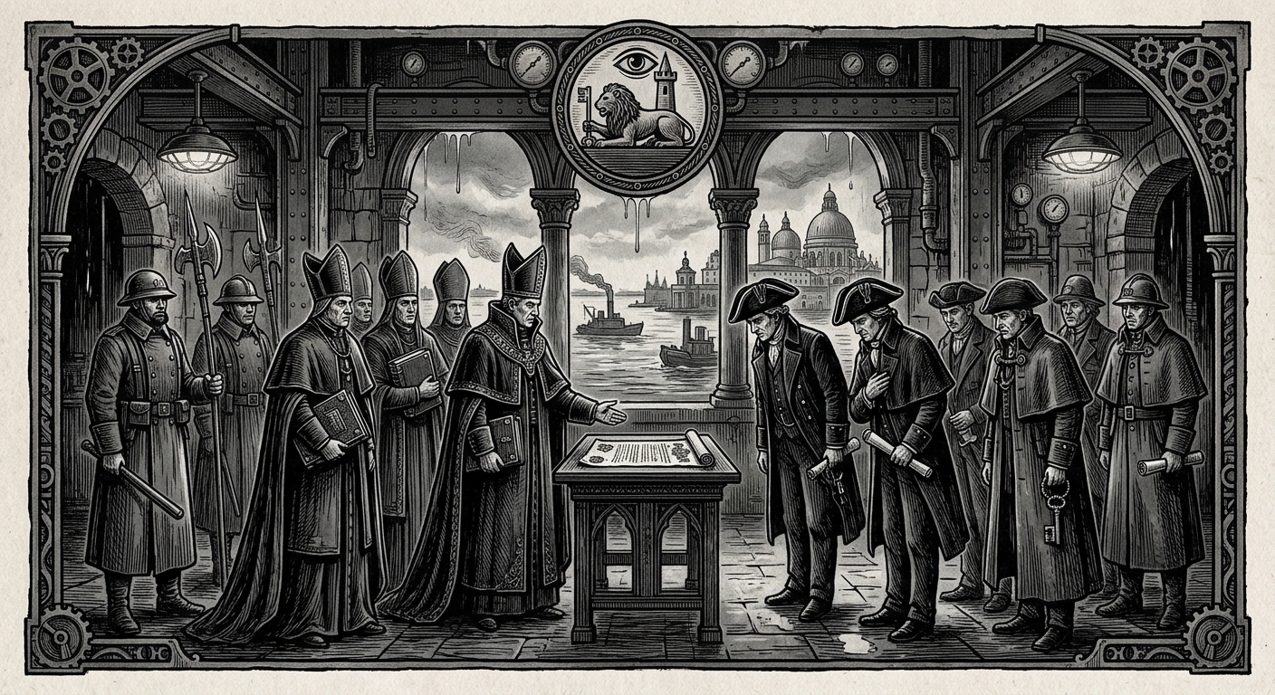 Venice — On Submission After the Concordat, rendered as woodcut.