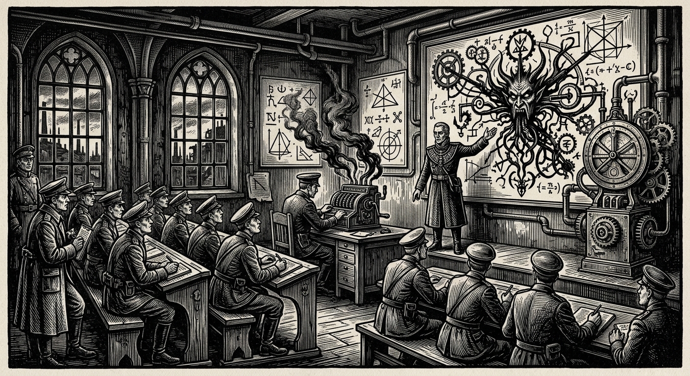 War College — On the Curriculum of Useful Heresy, rendered as woodcut.
