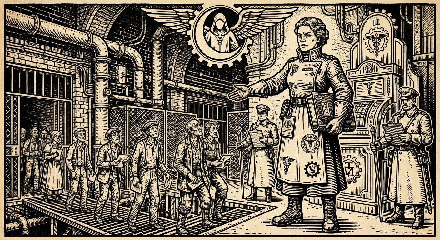 Warden-Physic Iri — On Her Methods in the Crescent, rendered as woodcut.