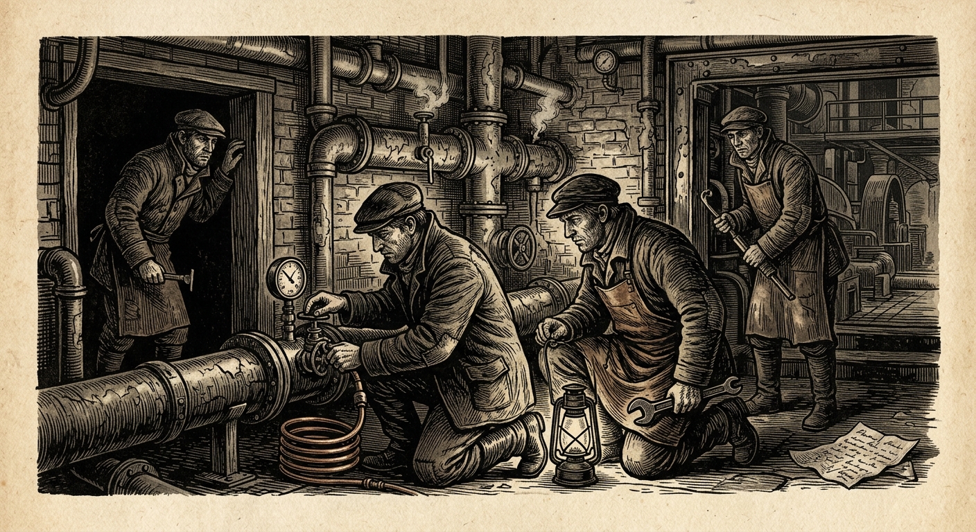 Warmth Thieves — On Tools, Routes, and the Etiquette of Siphoning, rendered as woodcut.