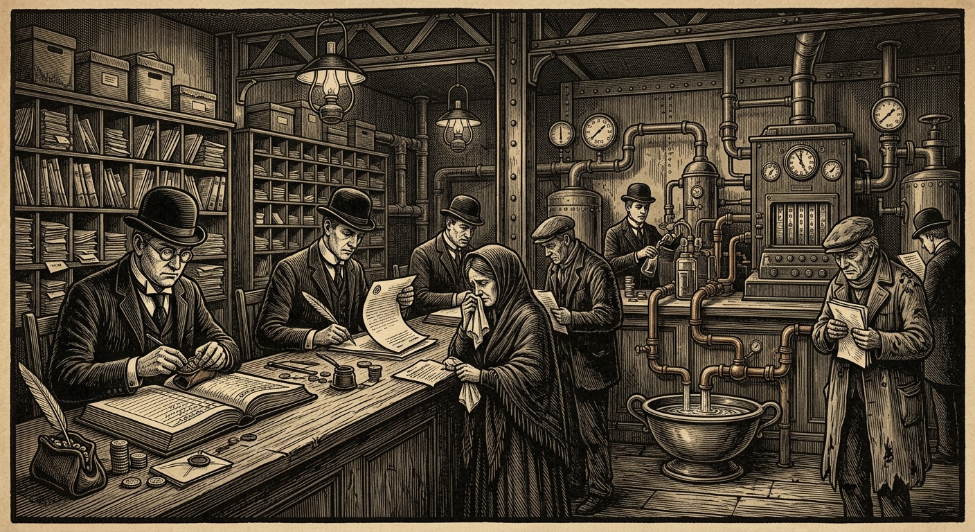 Weeping Chamber — On Clerks, Witnesses, and Cold Procedure, rendered as woodcut.