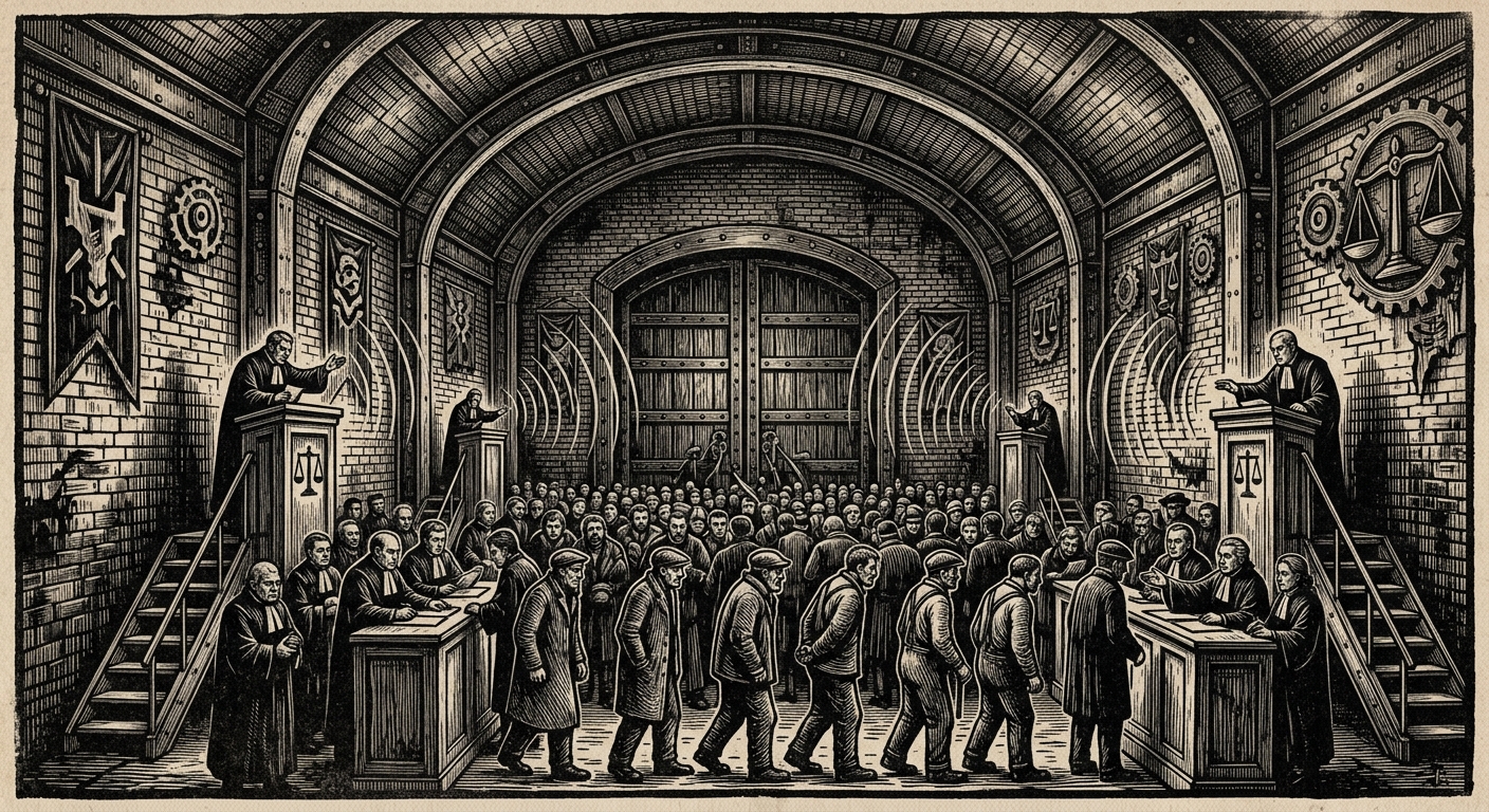 Yard Tribunal — On the Hall, Its Doors, and Its Useful Acoustics, rendered as woodcut.