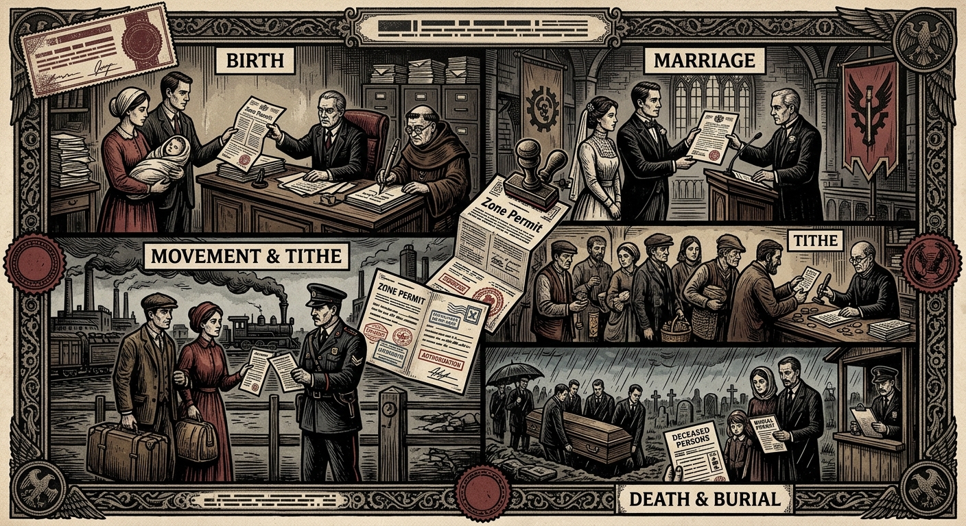 Zone Permit — On Birth, Marriage, Death, and Other Permit Events, rendered as woodcut.