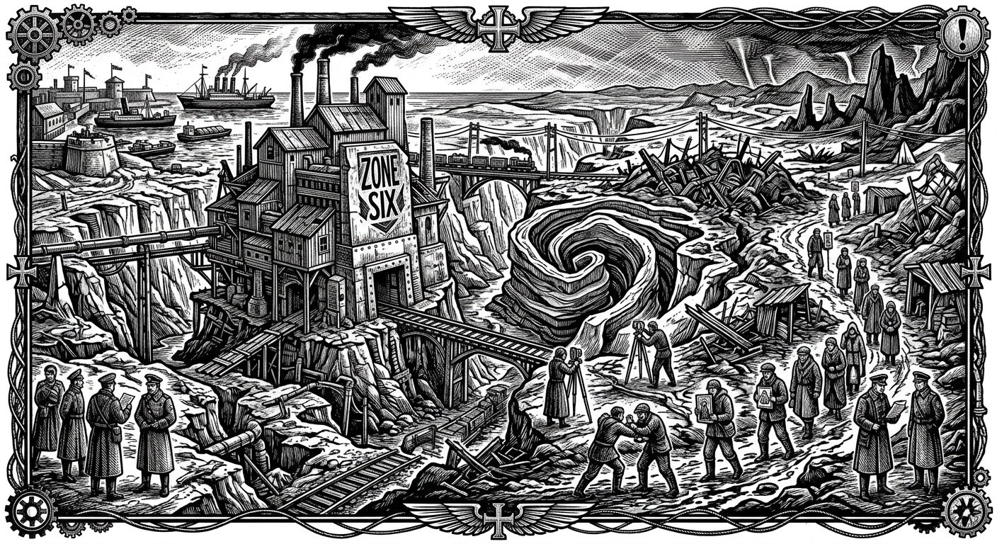 Zones 5 through 7 — On Zone Six, Where Geography Refuses the Audit, rendered as woodcut.