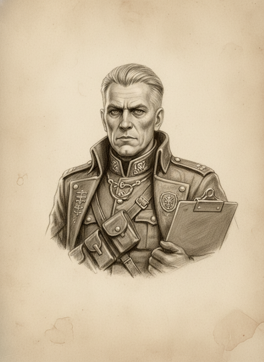 Black and white pencil dossier portrait of Warden-Physic Iri, shown head and shoulders on vellum.