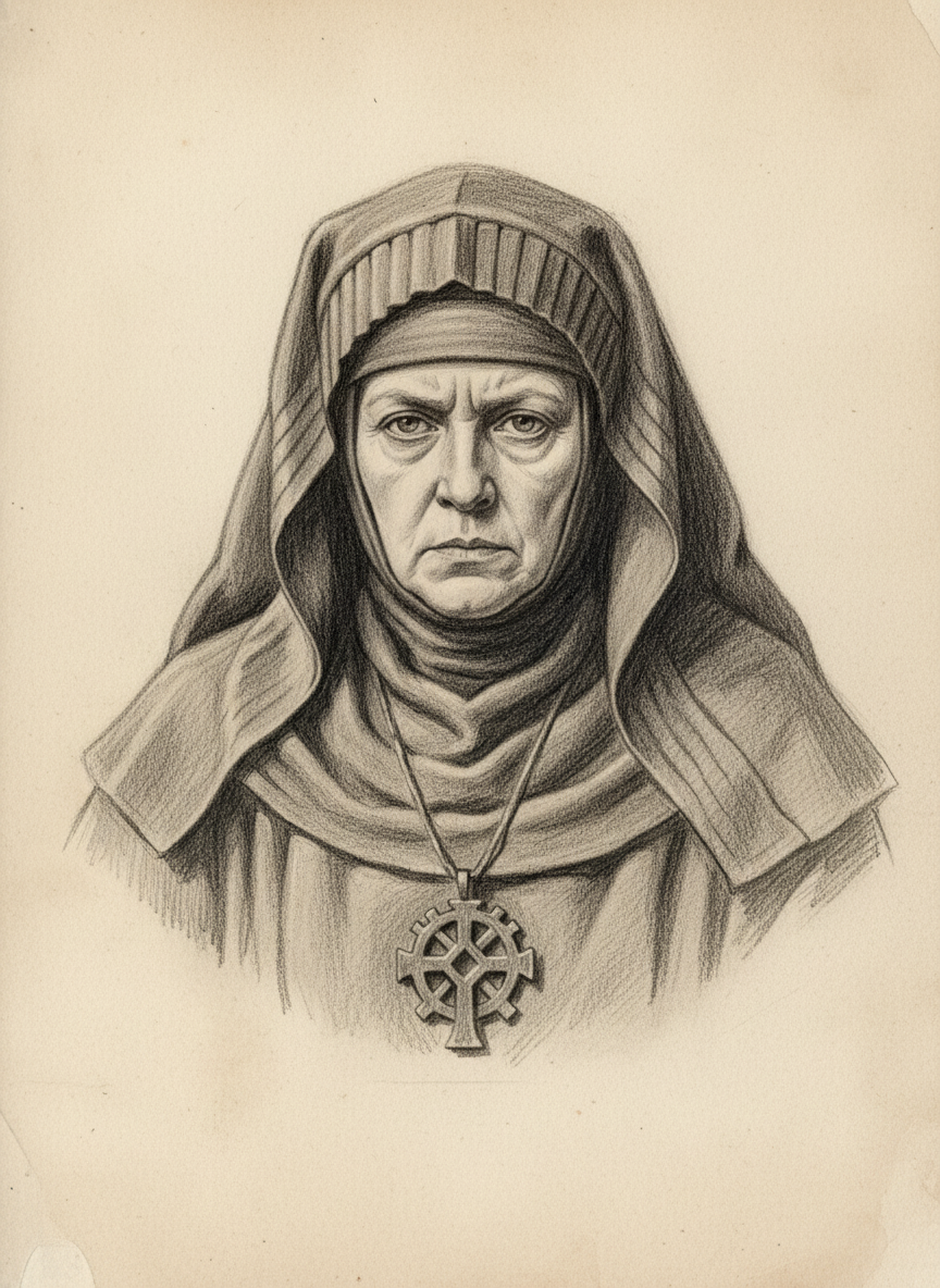 Black and white pencil dossier portrait of Abbess Marta of Speyer, shown head and shoulders on vellum.