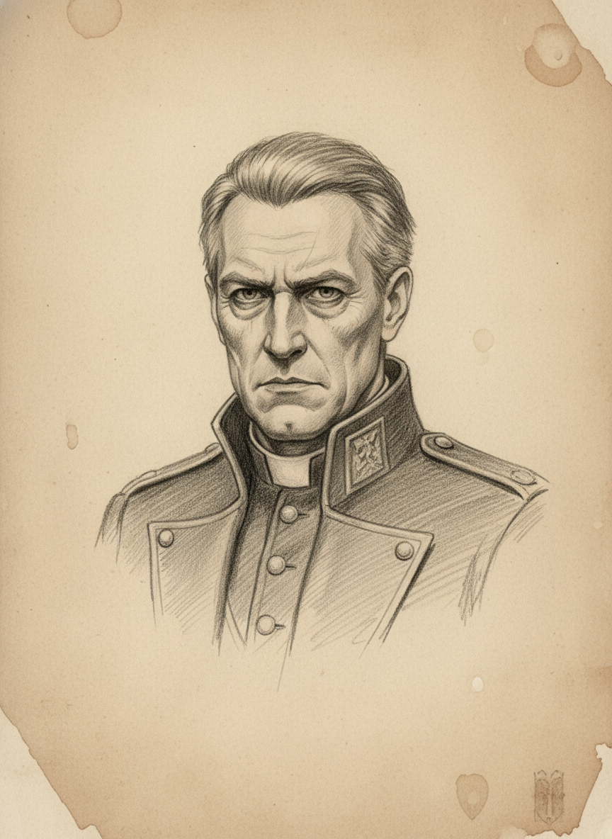 Black and white pencil dossier portrait of Abbot-Registrar Maelen Voss, shown head and shoulders on vellum.