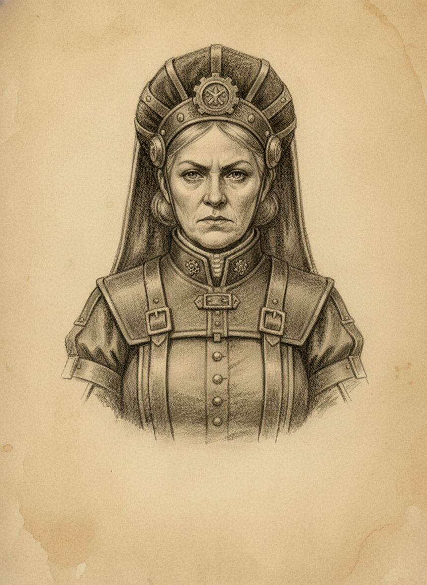 Black and white pencil dossier portrait of Abbot-Registrar Solene, shown head and shoulders on vellum.