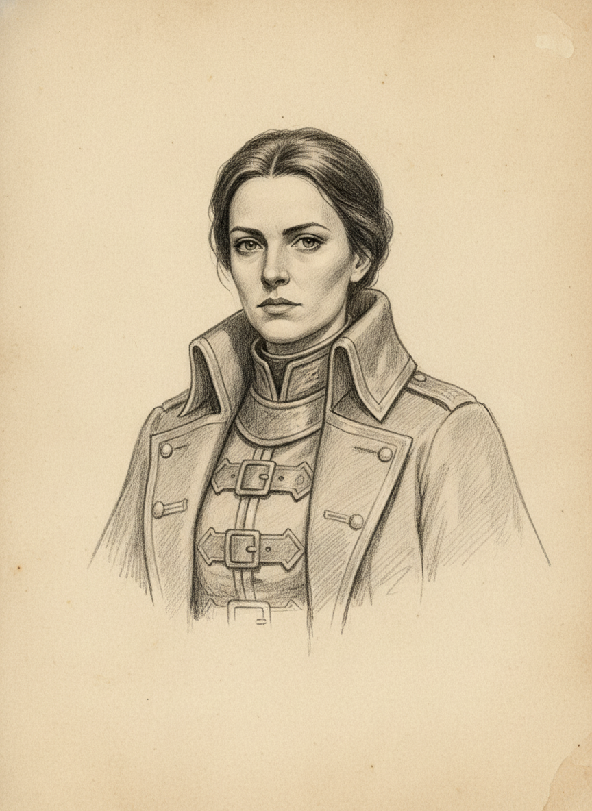 Black and white pencil dossier portrait of Adèle Marivaux, shown head and shoulders on vellum.