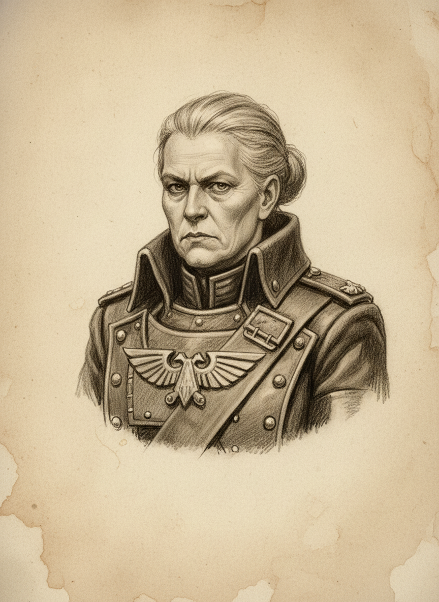 Black and white pencil dossier portrait of Admiral-Prefect Gerta Halske, shown head and shoulders on vellum.