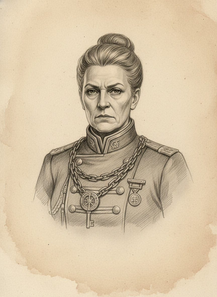 Black and white pencil dossier portrait of Admiral-Prefect Halske, shown head and shoulders on vellum.