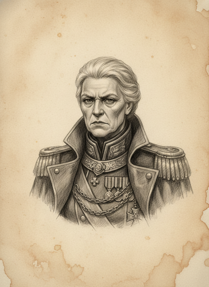 Black and white pencil dossier portrait of Admiral-Prior Veyra Salt-Crown, shown head and shoulders on vellum.