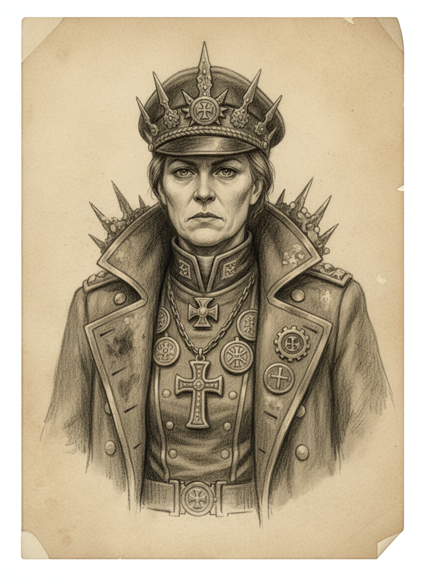 Black and white pencil dossier portrait of Admiral-Prior Yvenne Salt-Crown, shown head and shoulders on vellum.