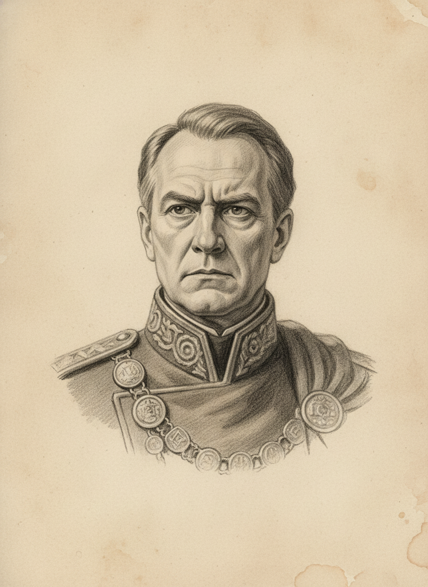 Black and white pencil dossier portrait of Mint-Prelate Albrecht Sable, shown head and shoulders on vellum.