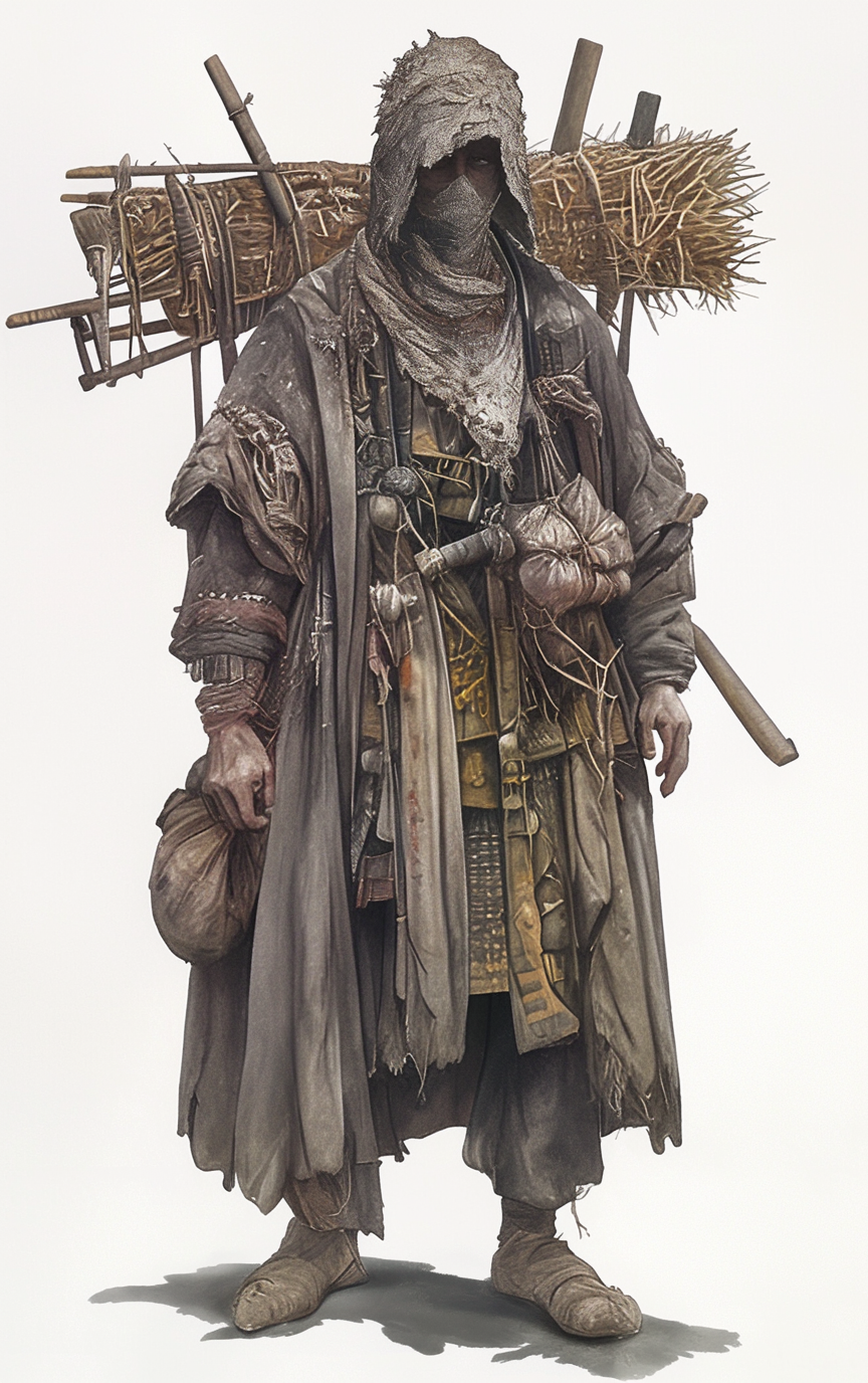 An Effigy Sacristan in layered witness-cloth carrying an effigy frame and bundles of sourced materials.