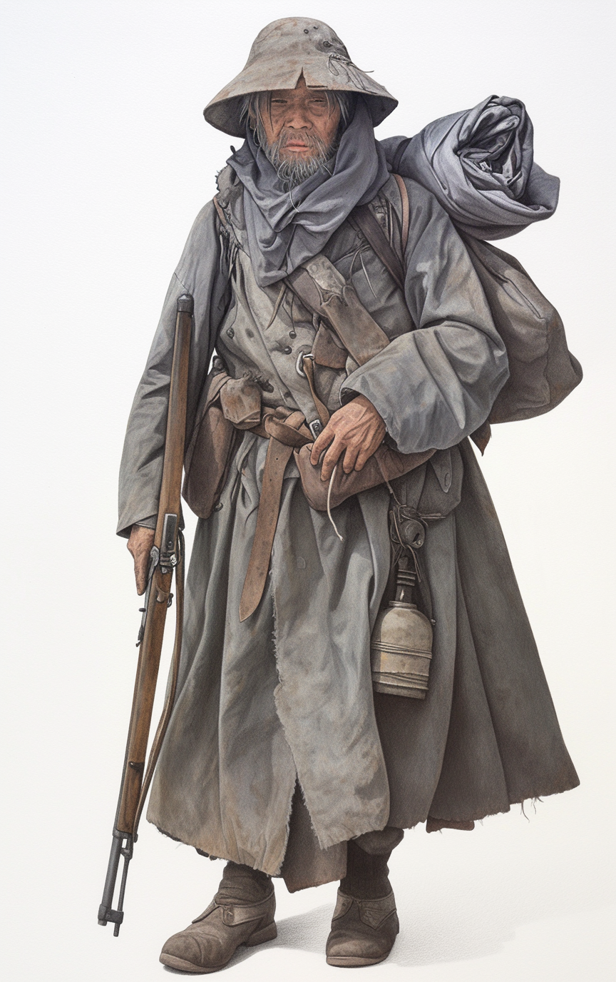 A Grave Confessor in a weathered grey coat, carrying a rifle, lantern, and shrouded bundle.