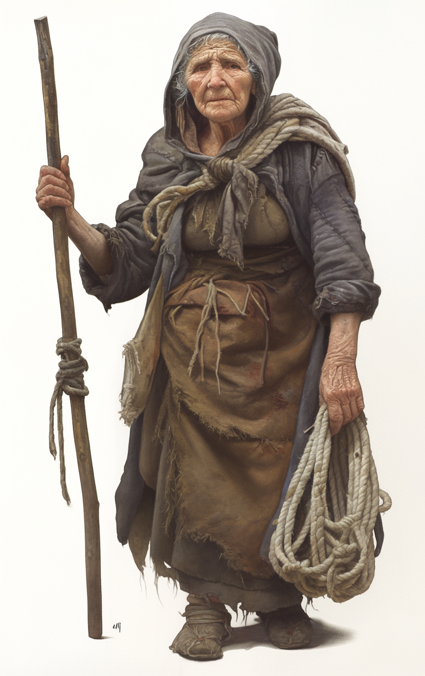 A Prostration Mother with a walking staff and a heavy coil of white judgment rope.