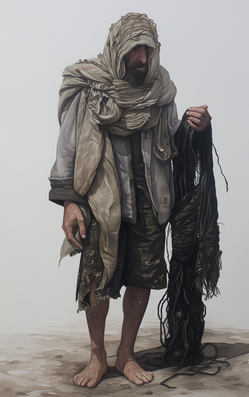 A barefoot Rag-Vicar wearing layered pale rags and carrying a length of black witness cloth.