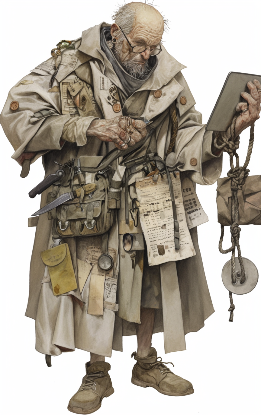 A Sin Reader with spectacles, receipts, instruments, and weighted ropes for assembling a public charge.